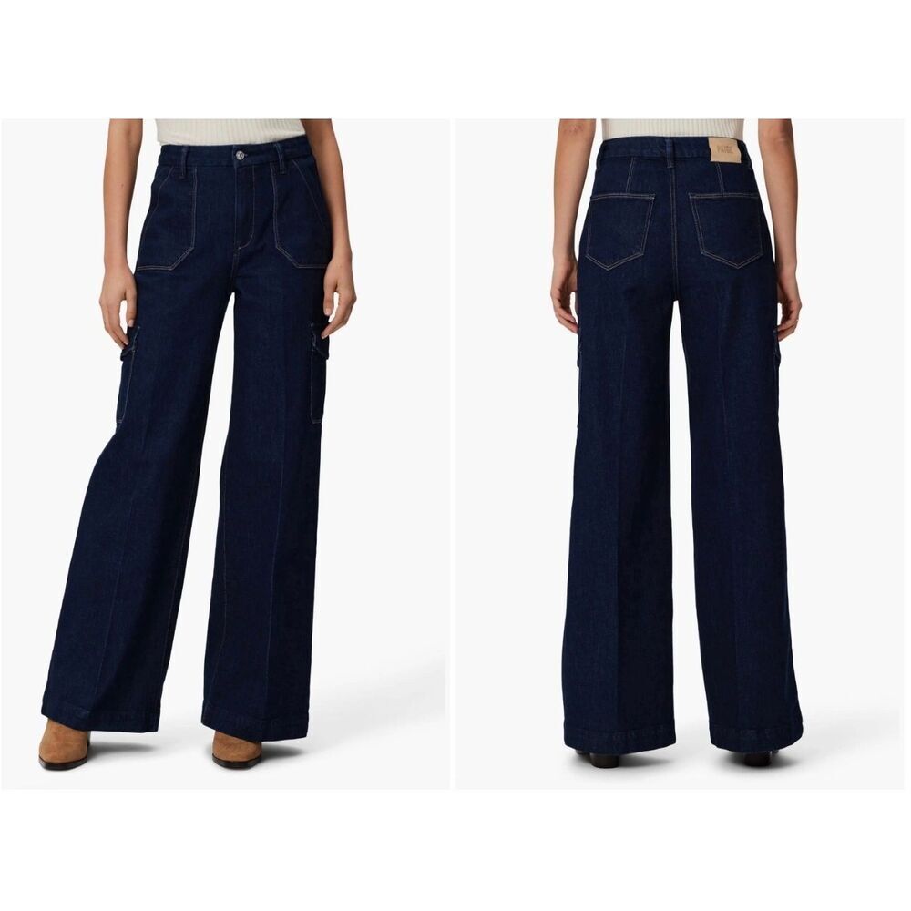 NEW Paige Jeans Womens 29 Blue Wide Leg Cargo Trouser Preppy Dark Wash Denim